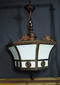 VERY UNUSUAL VINTAGE CAST IRON, METAL & SLAG GLASS CHANDELIER
