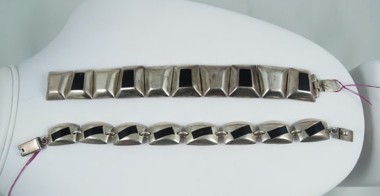 TWO VINTAGE STERLING SILVER & ONYX BRACELETS