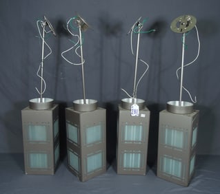 GROUP OF FOUR METAL & GLASS HANGING PENDANT LIGHTS