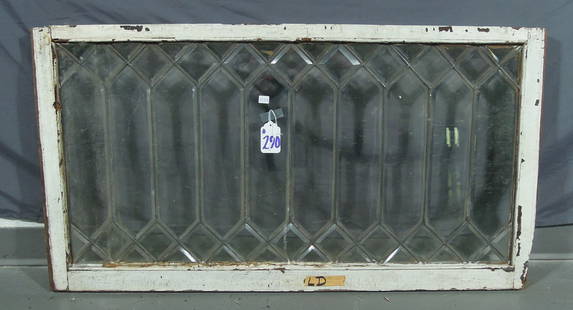 VINTAGE LEADED GLASS WINDOW: Very good condition. 23 1/2" high, 43 3/4" wide, 1 1/2" deep.