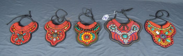 GROUP OF FIVE TIBETAN TRIBAL BEADED BIB NECKLACES