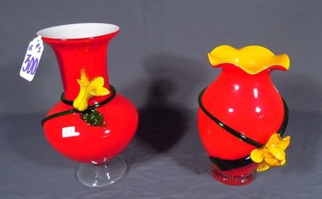TWO MURANO STYLE HAND BLOWN ART GLASS VASES WITH FLOWERS