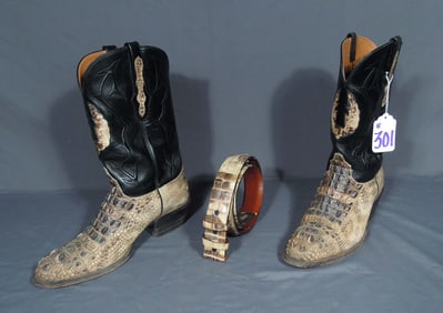 LIKE NEW BLACK JACK HAND MADE HORN BACK ALLIGATOR BOOTS WITH MATCHING BELT