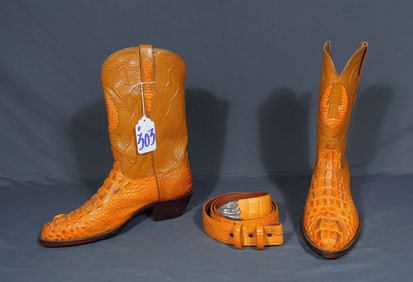 CUSTOM MADE BLACK JACK HORN BACK ALLIGATOR BOOTS WITH MATCHING BELT