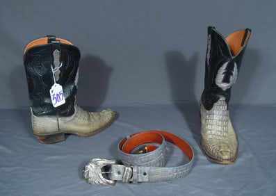 CUSTOM MADE BLACK JACK HORN BACK ALLIGATOR BOOTS WITH MATCHING BELT