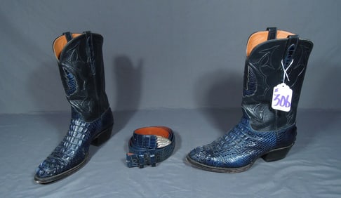CUSTOM MADE BLACK JACK HORN BACK ALLIGATOR BOOTS WITH MATCHING BELT