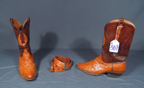 AUTHENTIC CUSTOM MADE BLACK JACK OSTRICH SKIN BOOTS WITH BELT