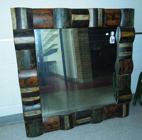 UNUSUAL HAND PAINTED METAL AND BEVELED GLASS MIRROR
