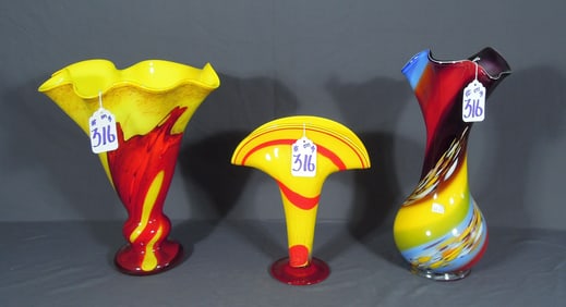 THREE BEAUITIFUL HAND BLOWN ART GLASS VASES