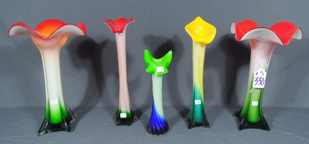 GROUP OF FIVE HAND BLOWN ART GLASS VASES