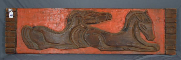 VERY OLD HAND CARVED WOODEN HORSE MOTIF PLAQUE
