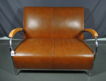 VINTAGE TUBULAR CHROME, VINYL & WOODEN LOVE SEAT