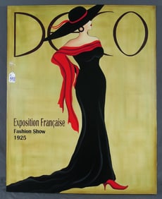 LARGE REPRODUCTION ART DECO STYLE COLORED PRINT ON CANVAS OF THE EXPOSITION FASHION SHOW 1925