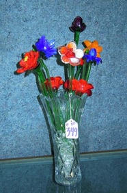 HEAVY CRYSTAL VASE WITH GLASS FLOWERS