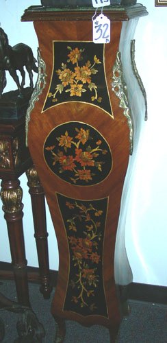 ITALIAN HAND CARVED INLAID AND ORMOLU PEDESTAL WITH MAR: ITALIAN HAND CARVED INLAID AND ORMOLU PEDESTAL WITH MARBLE TOP Inlaid floral motif with ormolu appointments. Green marble tops. 45 1/2" high, 11" sq.