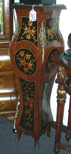 ITALIAN HAND CARVED INLAID AND ORMOLU PEDESTAL WITH MAR: ITALIAN HAND CARVED INLAID AND ORMOLU PEDESTAL WITH MARBLE TOP Inlaid floral motif with ormolu appointments. Green marble tops. 45 1/2" high, 11" sq.