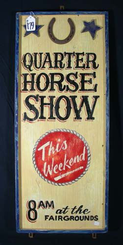 OLD WOODEN QUARTER HORSE SIGN: OLD WOODEN QUARTER HORSE SIGN Complete with horse shoe. 42" high, 16 1/2" wide