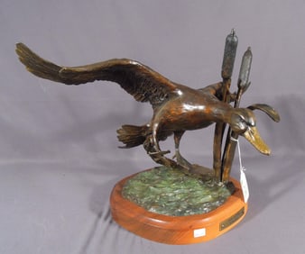 VERY FINE BRONZE SCULPTURE OF DUCK FLYING THROUGH REEDS "SIDE SLIPPING"
