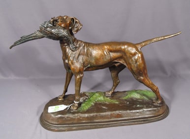 VINTAGE BRONZE SCULPTURE OF OF DOG WITH BIRD