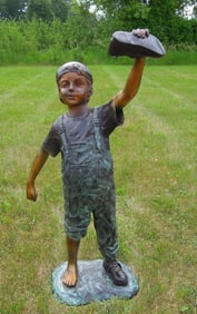 VINTAGE LIFE SIZE BRONZE SCULPTURE/FOUNTAIN OF YOUNG BOY HOLDING SHOE