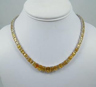 SPECTACULAR 14K W.G., YELLOW SAPPHIRE & DIAMOND ETERNITY NECKLACE