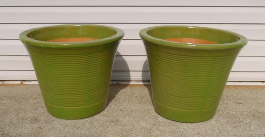 PAIR HEAVY GREEN GLAXED POTTERY PLANTERS