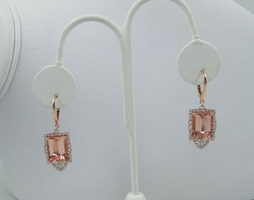 PAIR LADIES ART DECO STYLE 14K ROSE GOLD, MORGANITE & DIAMOND EARRINGS