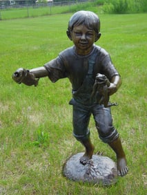 VINTAGE BRONZE SCULPTURE/FOUNTAIN OF YOUNG BOY WITH FROG & FISH