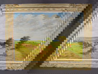 FINE ORIGINAL VINTAGE OIL ON BOARD "HAY STACKS"