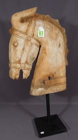 VINTAGE HAND CARVED WOODEN BUST OF HORSE ON HEAVY METAL BASE