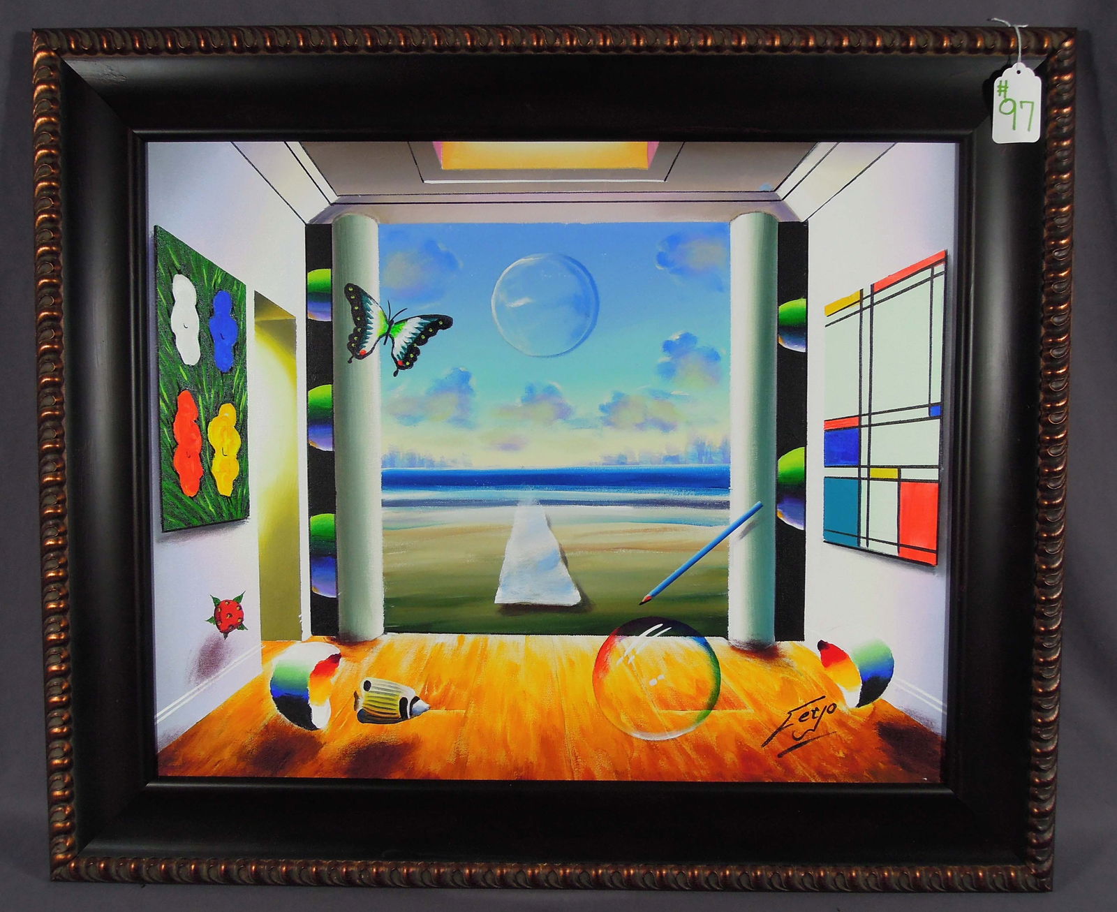 FERNANDO DE JESUS OLIVEIRA (1946- ) BRAZILIAN (FERJO): Original Oil on Canvas "Walkway to the Sea with Warhol Flowers". All of Ferjo's original traits. Hand signed. Overall framed 30 1/2" x 37 1/2" x 1".