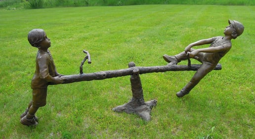 VINTAGE LIFE SIZE BRONZE SCULPTURE OF YOUNG BOYS ON TEETER TOTTER