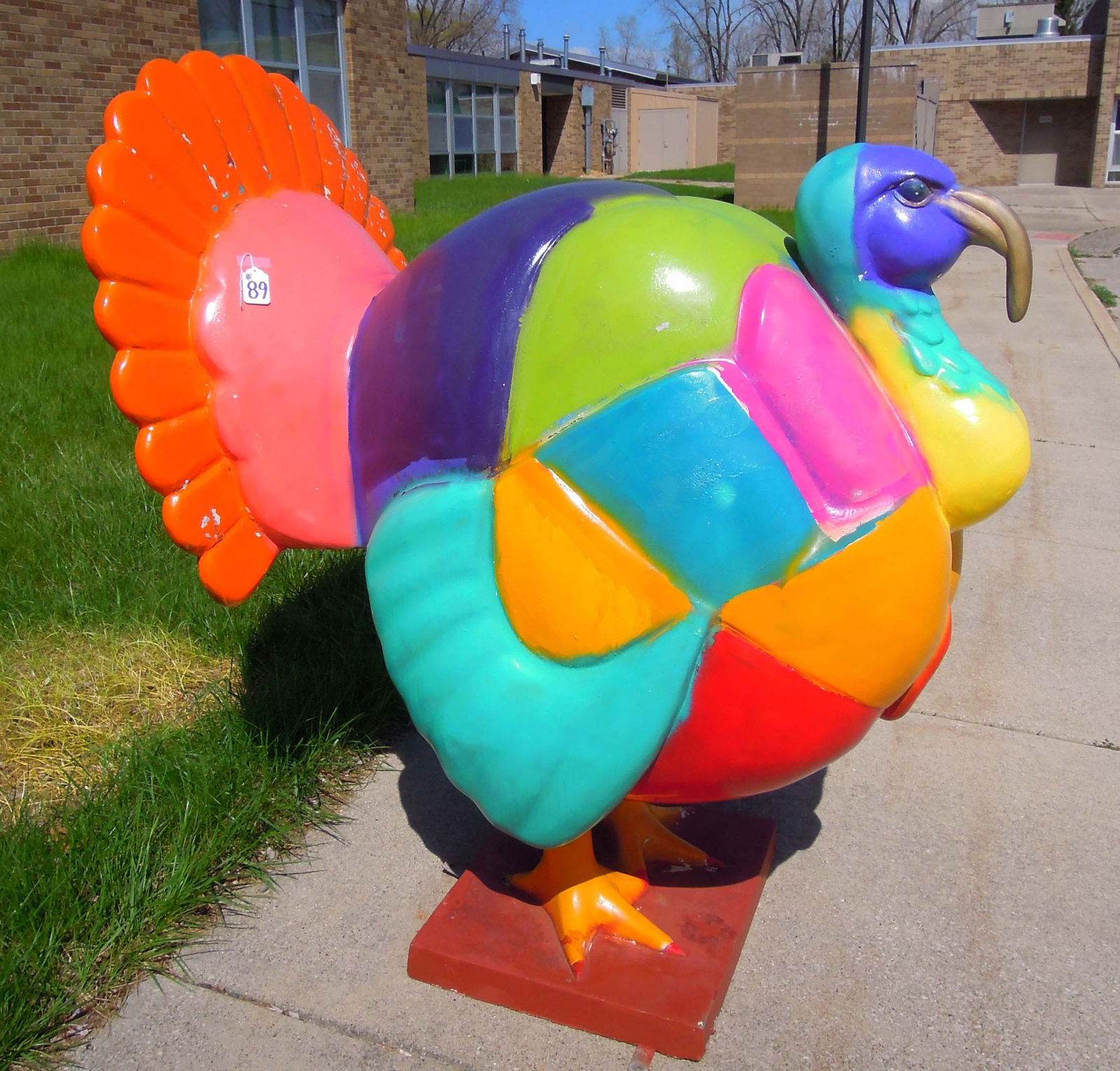 VERY LARGE HAND PAINTED FIBERGLAS SCULPTURE OF TURKEY: Very colorful. Mounts on base to fasten. 60" high, 37" wide, 60" deep.