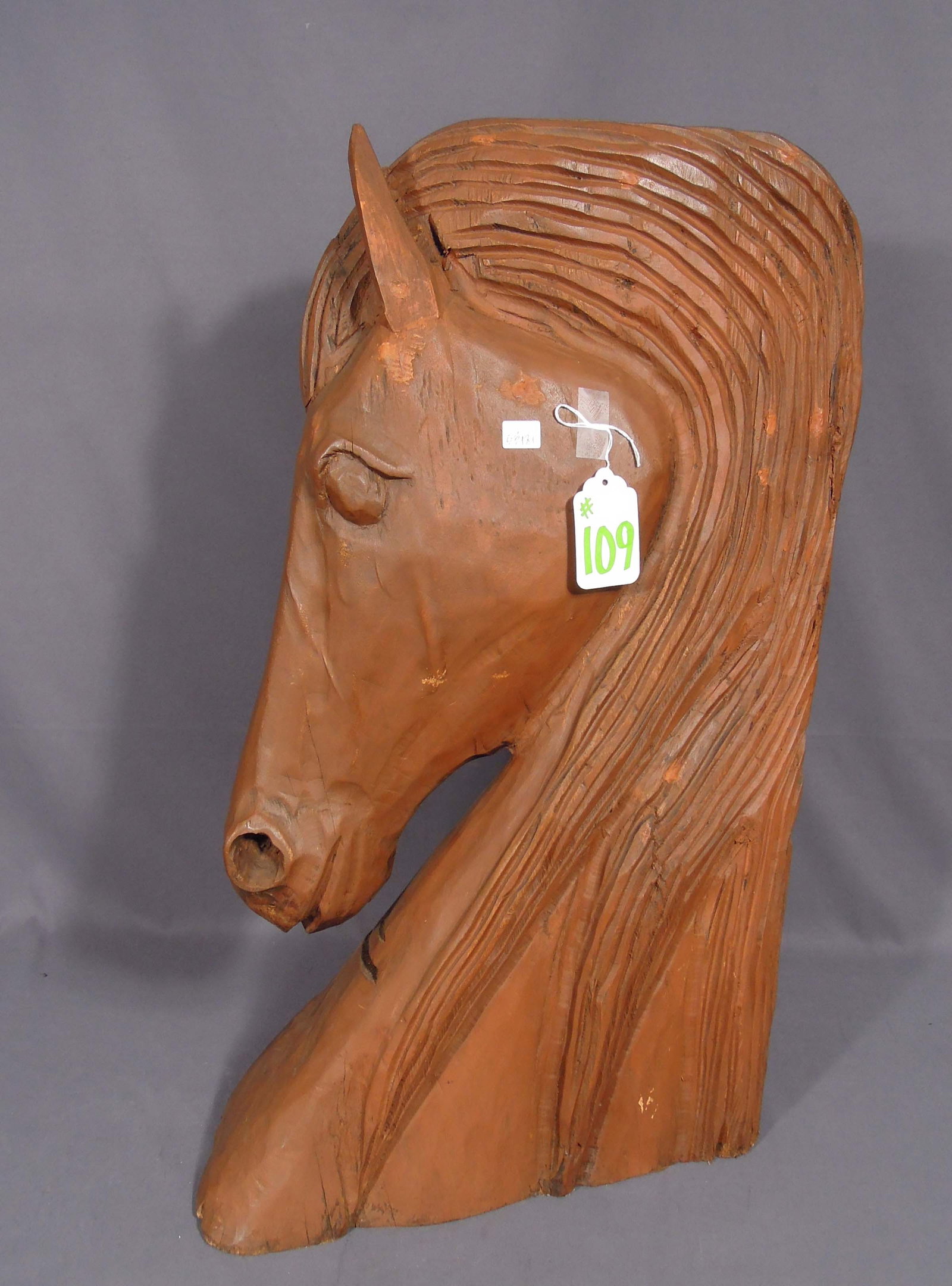 HEAVY HAND CARVED WOODEN HORSE BUST: 27 1/2" high, 6" wide, 15" deep.