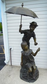 VERY LARGE VINTAGE BRONZE SCULPTURE OF TWO KIDS WITH UMBRELLA