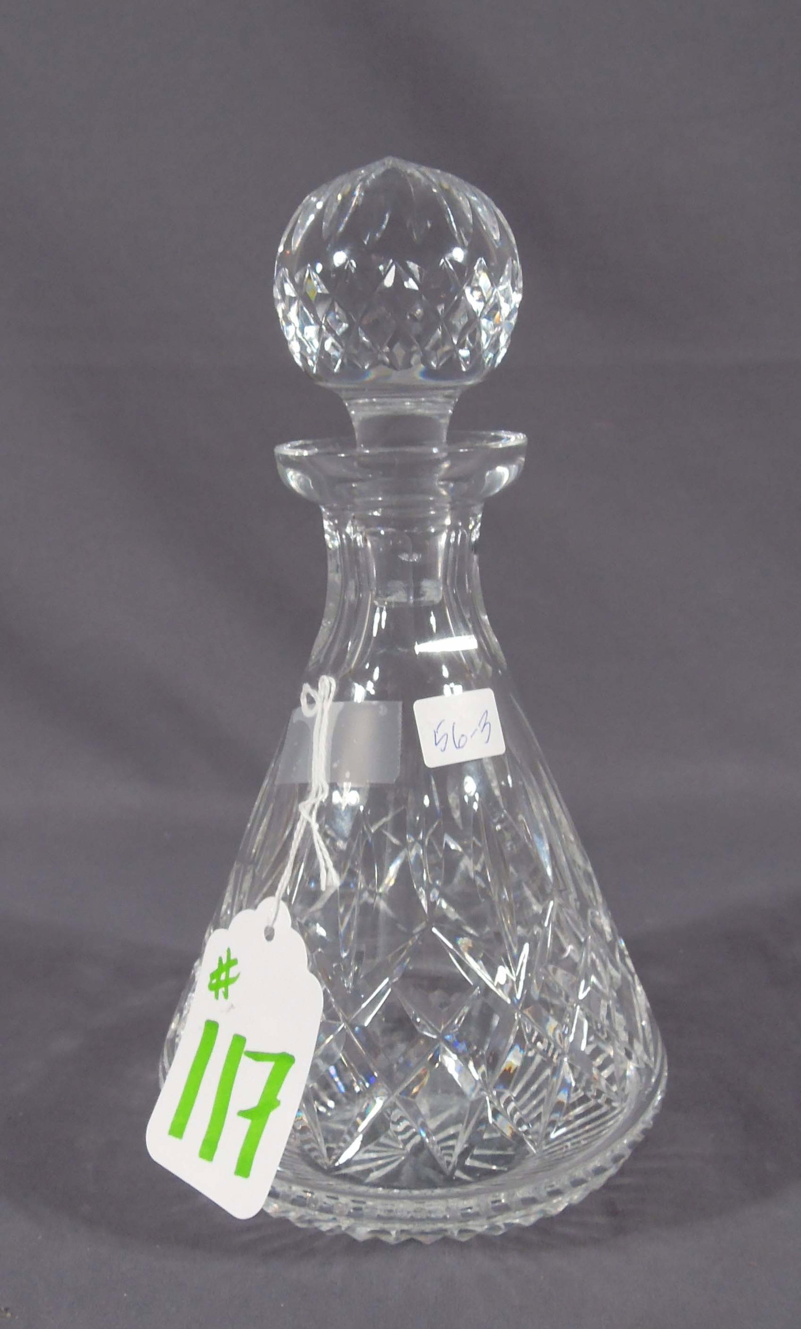 SIGNED WATERFORD CRYSTAL DECANTER: Lismore pattern. Signed. 10" high, 5 1/4" dia.