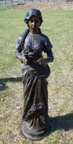 LARGE VINTAGE BRONZE SCULPTURE OF STANDING GIRL WITH FLOWERS IN HER HAND