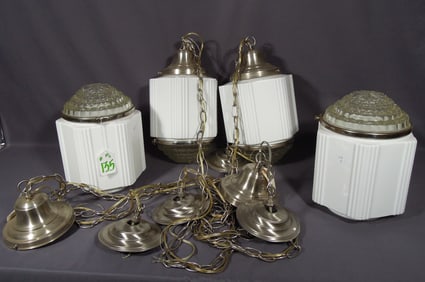 GROUP OF FOUR ART DECO MILK GLASS CHANDELIERS