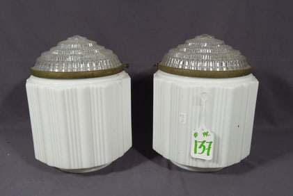 PAIR OF ART DECO MILK GLASS CHANDELIERS