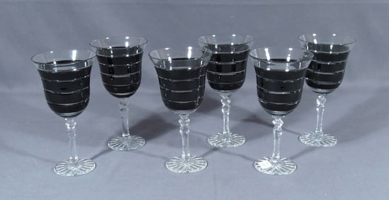 SET OF SIX EUROPEAN CRYSTAL BLACK TO CLEAR WINE GLASSES