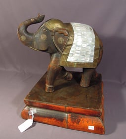 VERY FINE VINTAGE HAND CARVED WOOD, MOTHER-OF-PEARL & BRASS ELEPHANT ON WOODEN BASE