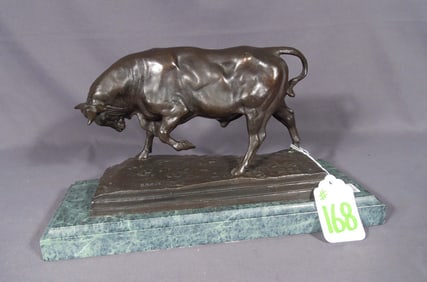 VINTAGE BRONZE SCULPTURE OF CHARGING BULL AFTER BARYE