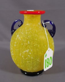 ITALIAN MURANO ITALY SCAVO MULTI COLORED VASE WITH APPLIED COBALT BLUE HANDLES