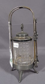 ANTIQUE SILVER PLATED AND CRYSTAL PICKLE CASTER
