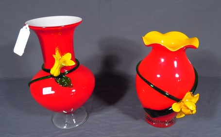 TWO MURANO STYLE HAND BLOWN ART GLASS VASES WITH FLOWERS