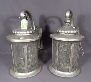 PAIR METAL AND THUMB PRINT GLASS OUTDOOR LANTERNS