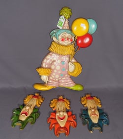 FOUR VINTAGE SEXTON HAND PAINTED METAL CLOWN WALL HANGINGS