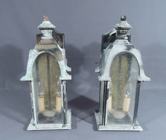 PAIR VINTAGE METAL & GLASS LANTERNS