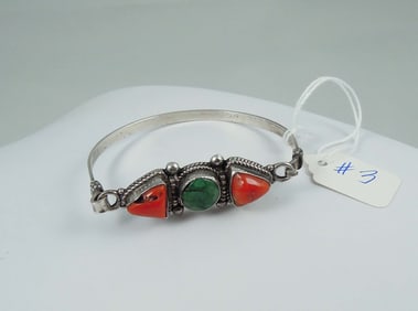LADIES STERLING SILVER, TURQUOISE & CORAL BRACELET