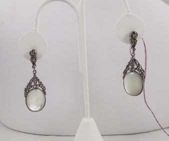 PAIR VINTAGE LADIES STERLING SILVER, MOTHER-OF-PEARL & MARCASITE DANGLE EARRINGS